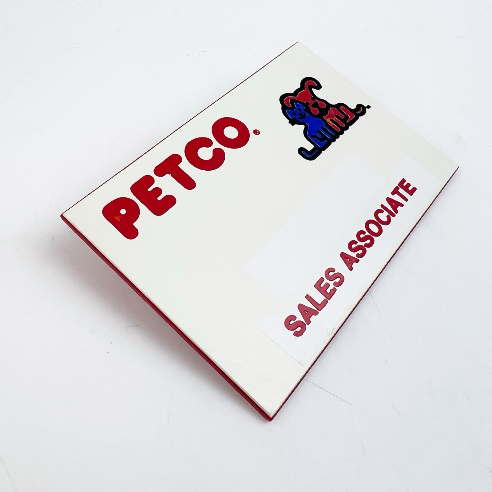 Vintage 90s Petco Employee Name Badge Tag Store ID Red Blue Dog Pin Pets