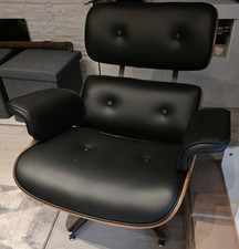 Black Faux Leather Lounge Chair, Medium Wood Shell, Metal Swivel Base