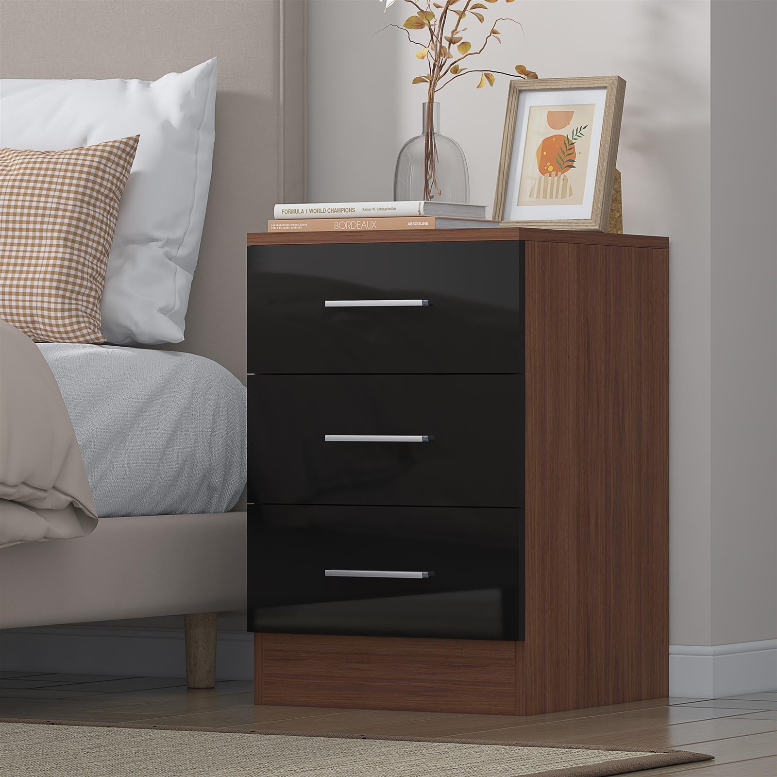 REFLECT 3 Drawer Bedside - Black Gloss Fronts & Matt Walnut Carcass
