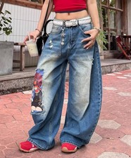 Men's Blue Denim Jeans Cartoon Decor Wide Leg Punk Hip Hop Trousers Fashion