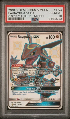 2018 POKEMON SUN & MOON CELESTIAL STORM #177A FULL ART/RAYQUAZA GX PSA 10