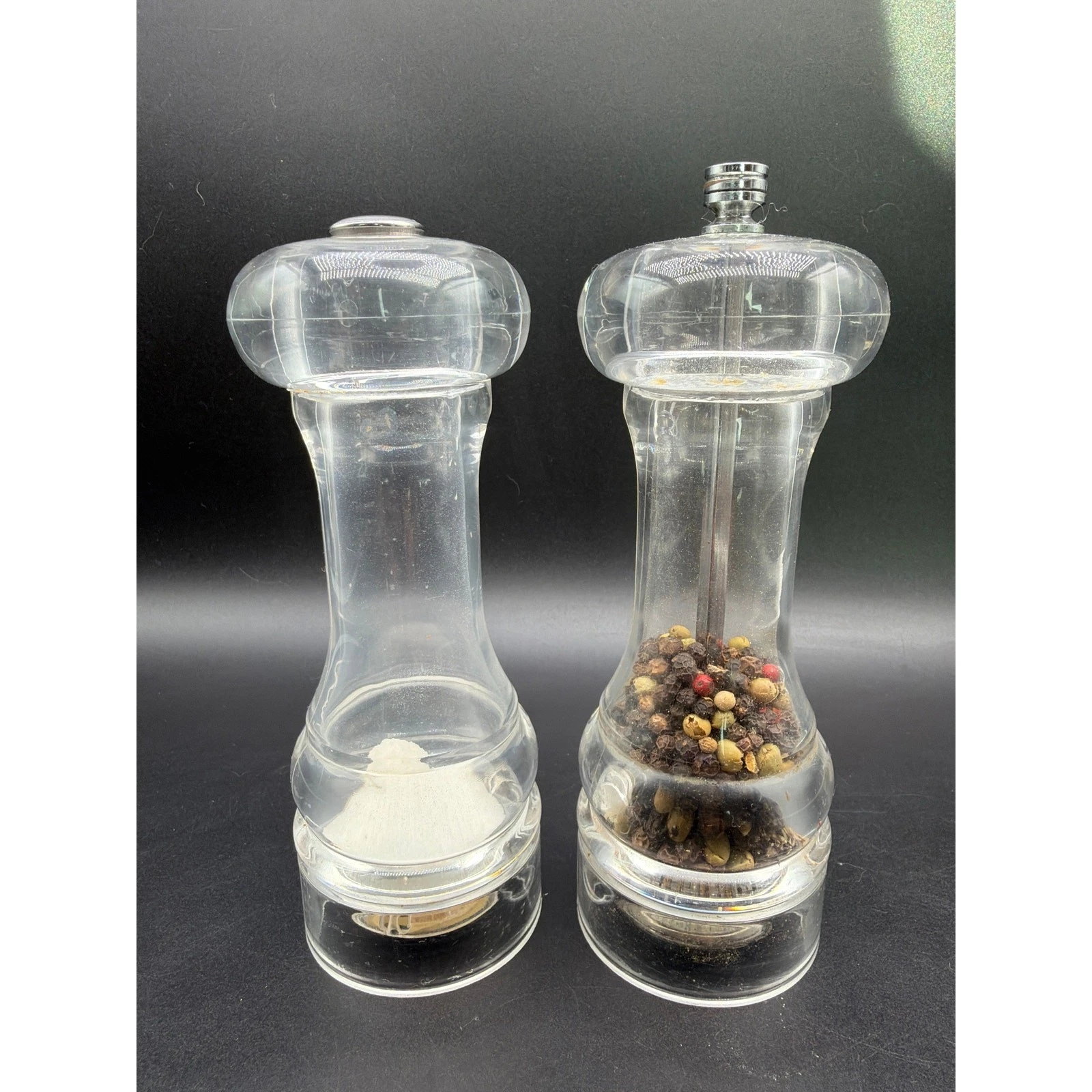 VTG Olde Thompson Salt Pepper Mill Set Clear Acrylic USA Carbon Steel Grinder