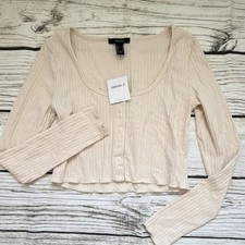 FOREVER 21 Women's Beige Crop Ribbed Knit Scoop Neck Button Front Long Sleeve S