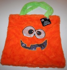 Halloween Trick or Treat Bag Kids Orange Fuzzy Pumpkin Tote Green Handle Cute