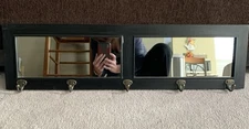 Key/Coat/Hat Holder Black-Framed Dual Pub Mirror w/5 Metal Hooks Wall Mount Rack