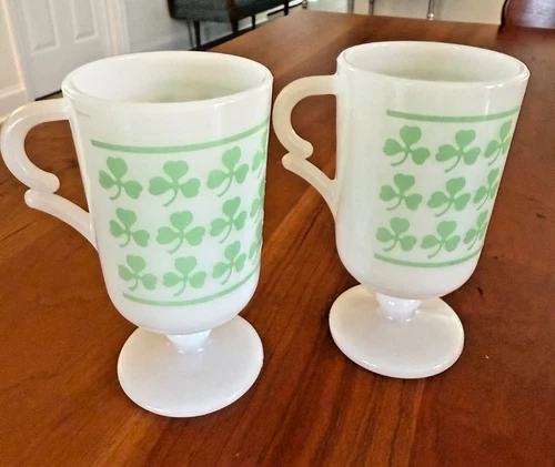 Vintage Paradise Milk Glass Shamrock Pedestal Mugs Set of 2 – 5” Tall