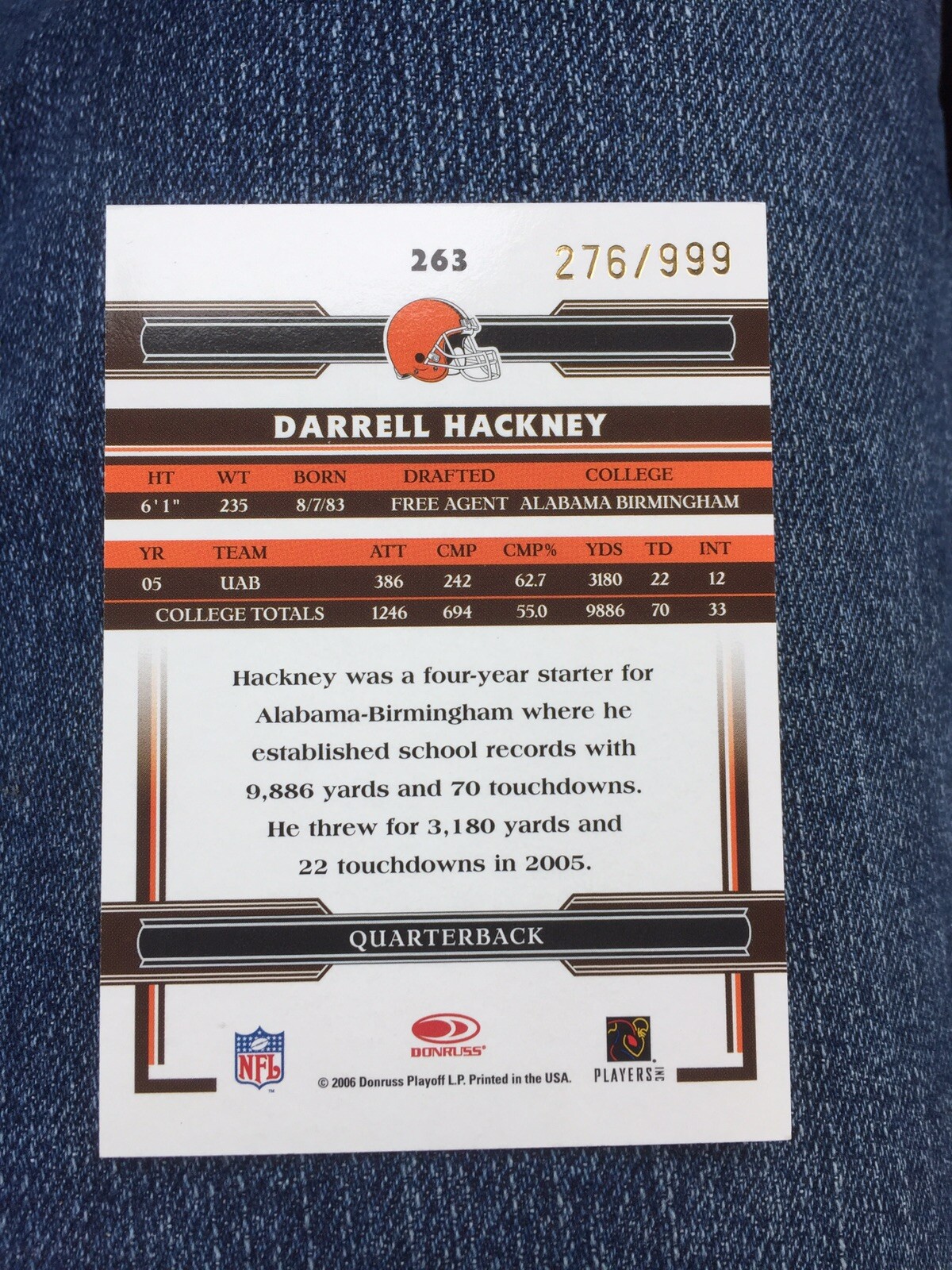 Darrell Hackney DARRELL HACKNEY 2006 THREADS ROOKIE AUTOGRAPH 276/999 CLEVELAND BROWNS ...