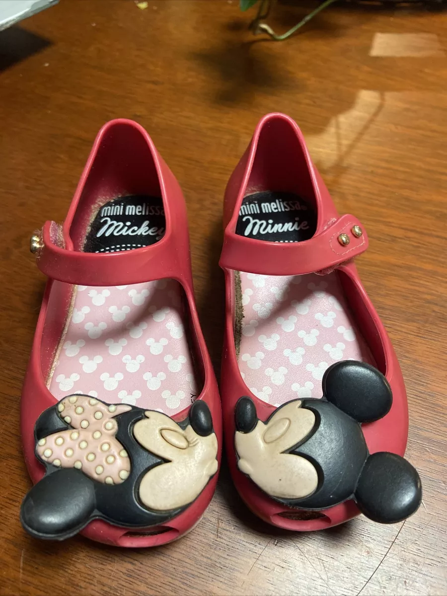 mini melissa ultragirl minnie mickey kissing mary.jane flats pink toddler size 7