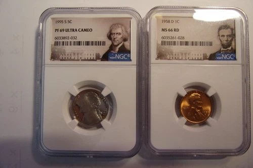 1958-D Wheat Cent NGC MS66 Red-1995-S Jefferson Nickel NGC PF69UC 2 Coin Lot