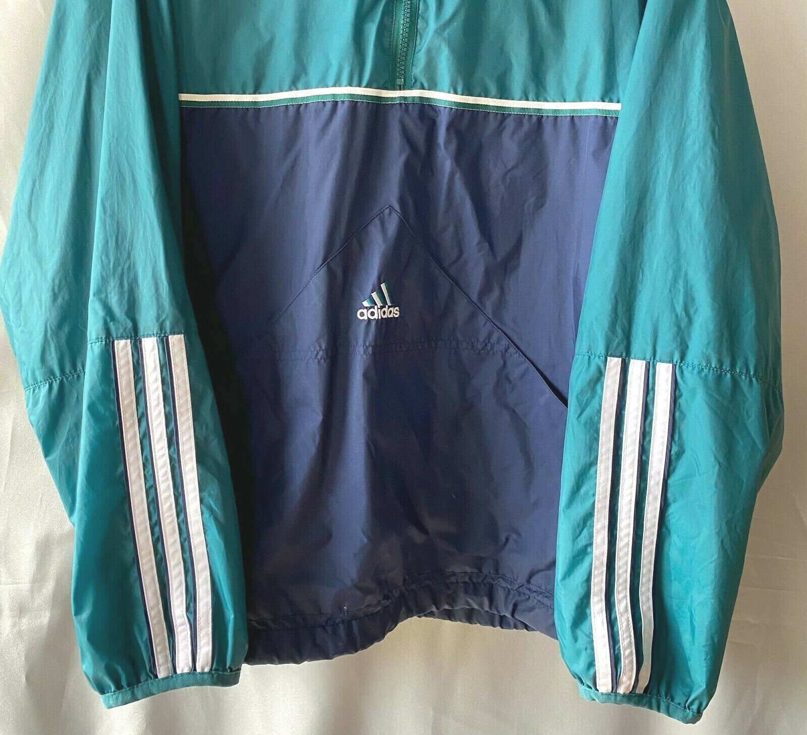 Vintage Adidas Hooded Windbreaker Jacket Blue Green Size XL #88387 