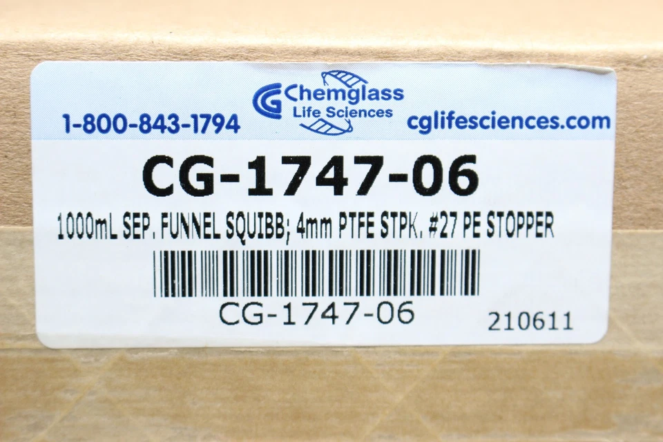 NEW Funnel Sep Squibb 1,000mL 4mm PTFE St pk #27 Stopper PE Stopper CG-1747-06. - Image 2 of 3
