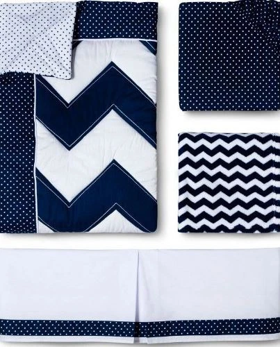 Circo Zigs 'n Zags Navy Baby Crib Nursery 4pc Set ~ Navy White Chevron Polka-dot