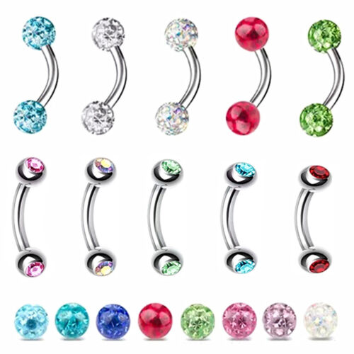 6pc Steel Crystal Ball Barbell Curved Eyebrow Ring Bar Body Piercing Jewelry - Picture 1 of 16