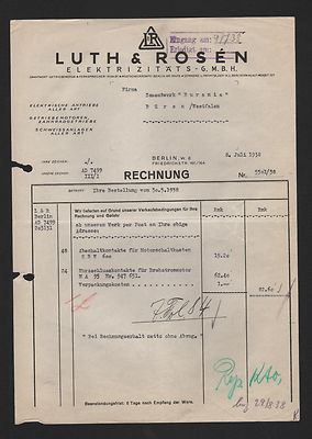 Berlin, invoice 1938, Luth & Rosen Elektrizitäts-GmbH