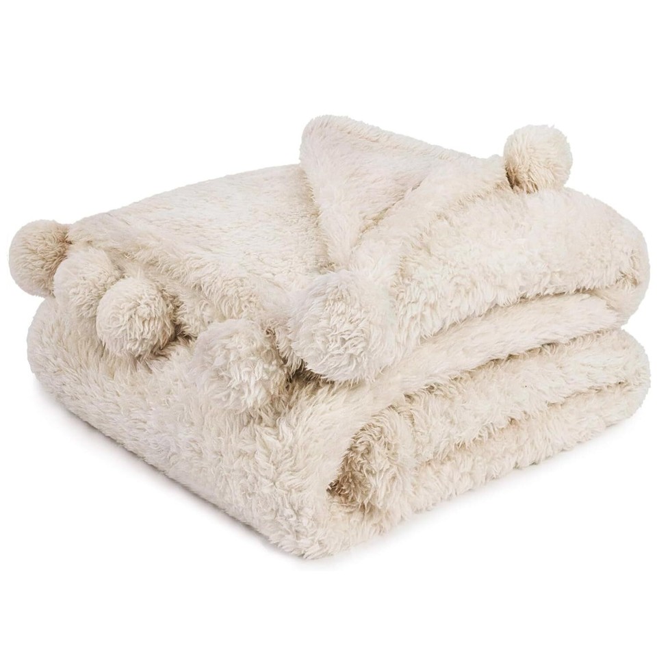 Cream Sherpa Throw Blanket for Couch, Warm Plush Pom Pom Blanket Throw