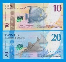 CURACAO and SINT MAARTEN 2 NOTES! 10 + 20 Caribbean Gulden P 1+P 2, NEW 2025 UNC