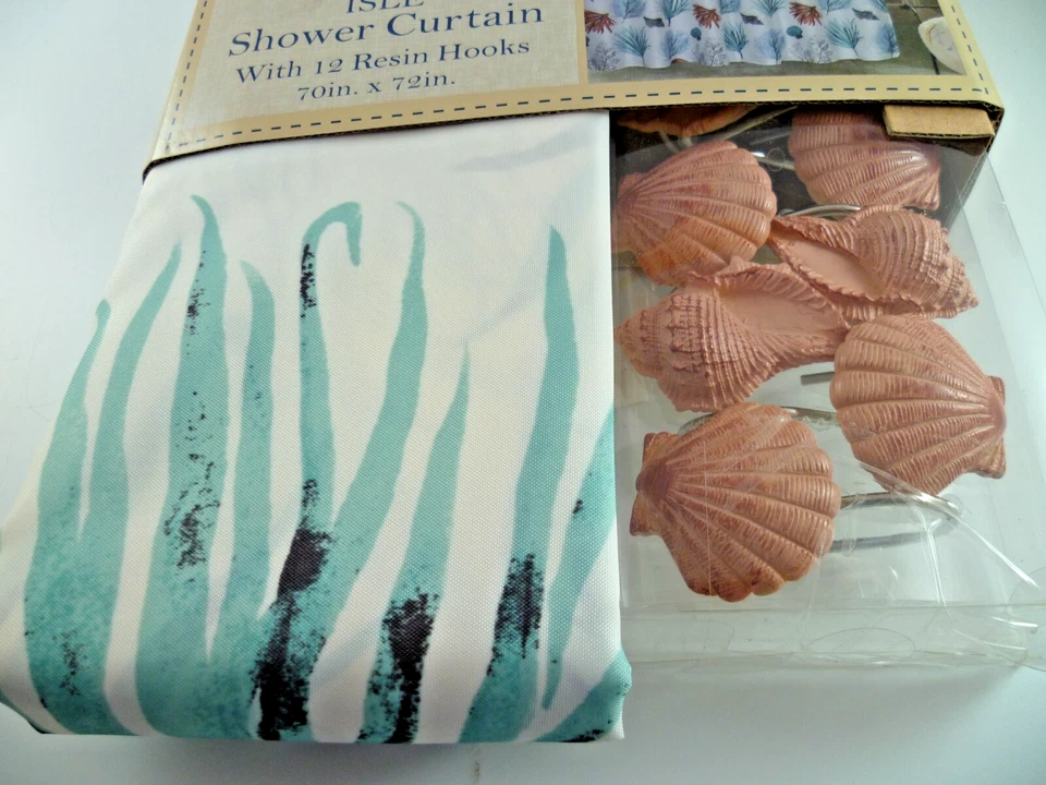 CARIBBEAN JOE ISLAND ISLE Seashell Ocean Polyester Shower Curtain 12 Resin Hooks - Image 3 of 4