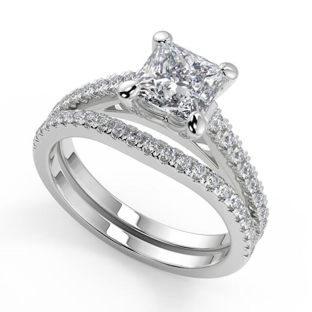 1.75 Ct Princess 4 Prong Cathedral Pave Diamond Engagement Ring SI2 H Treated 1.75 Ct Princess 4 Prong Cathedral Pave Diamond Engagement Ring SI2 H Treated