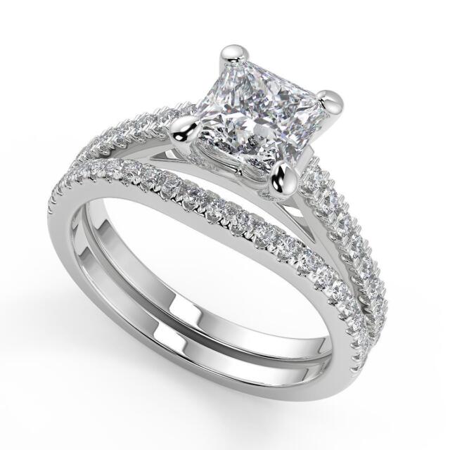 1.75 Ct Princess 4 Prong Cathedral Pave Diamond Engagement Ring SI2 H Treated