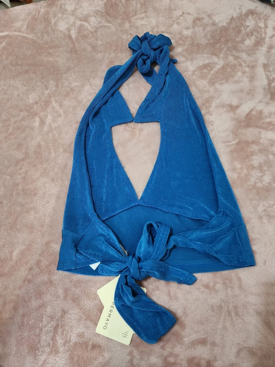 PEPPERMAYO Label Women BNWT Blue Holiday Inn Crop Stretch Halter Top Size 8