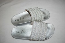 Womens Sandals SILVER SLIDES w/ RHINESTONES  PEARLY STUDS BLING Size M 7-8