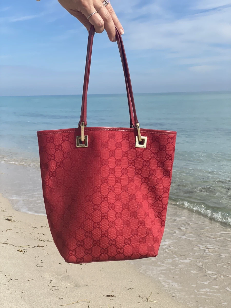 Gucci GG Print Red Canvas And Leather Small Tote Shoulder Bag