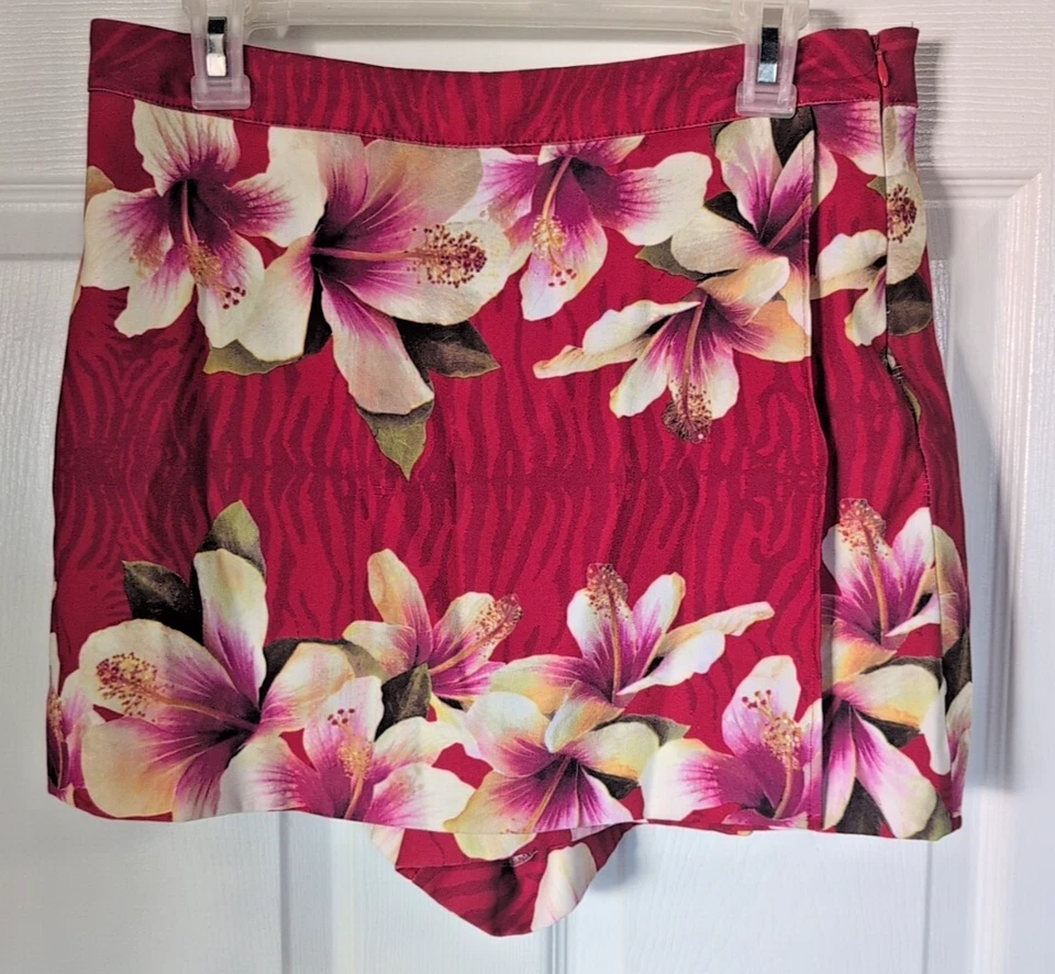 Pantalones Cortos Vintage Cache Rojo Tropical Floral Elastizados Talla 10 Envoltura Frontal Años 90 Y2K Foto 2 de 4