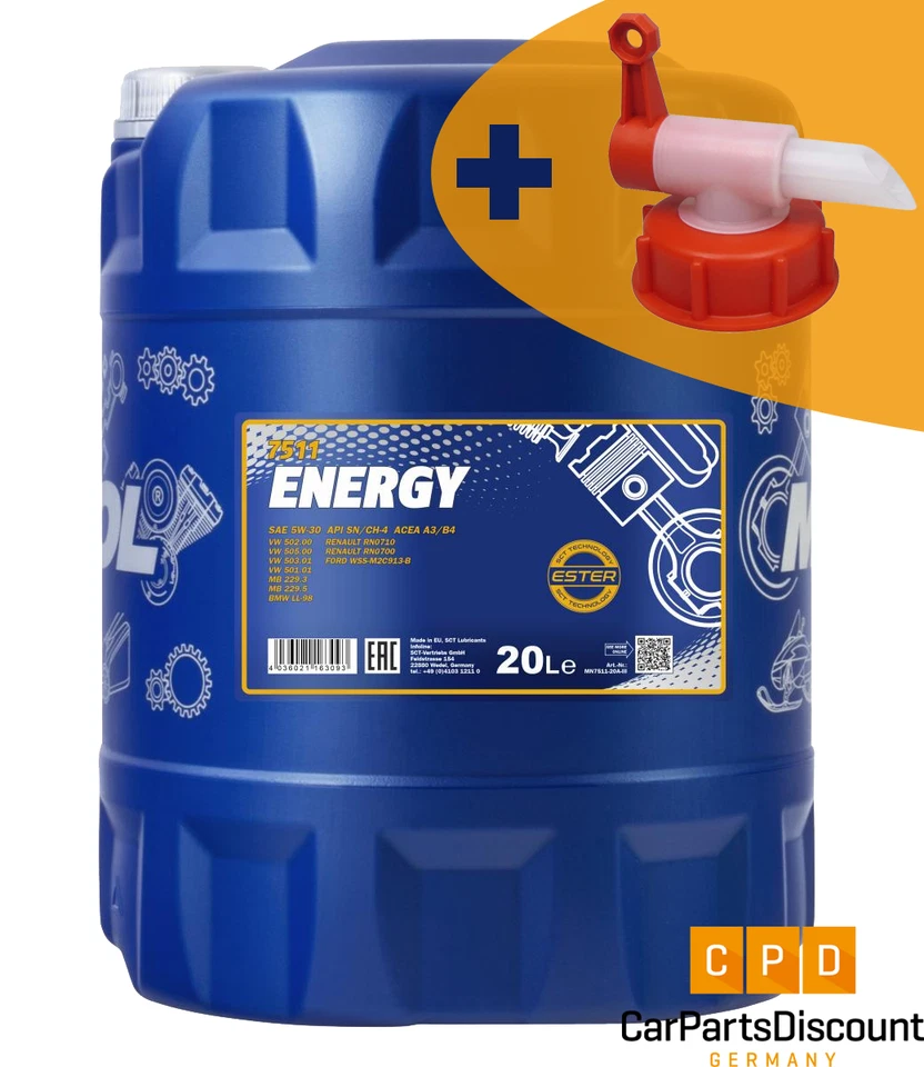 20 Liter Motoröl Mannol Energy 7511 incl. Auslaufhahn VOLKSWAGEN MERCEDES BMW