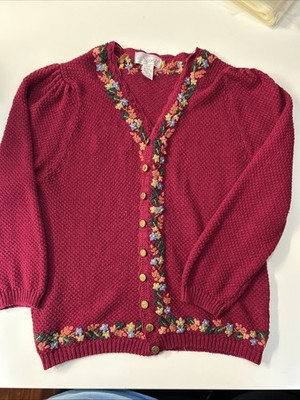 Vintage Cardigan Sweater Sz 20W/40 Burgundy Knit Embroidered Roses Floral