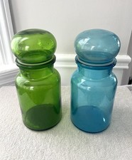 Vintage Set of 2 Green/Blue Glass Apothecary 8.5” Jars & Bubble Stoppers Belgium