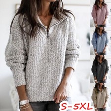 Womens Knitted Long Sleeve Tops Pullover Ladies Zip V Neck Loose Jumper Sweater