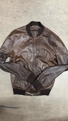 Dolce & Gabbana Men's Brown Leather Full Zip Band Collar Bomber Jacket 52