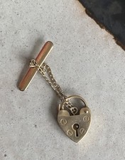 Classic 9ct OLD GOLD "HEART LOCK with SAFETY CHAIN" for Bracelet 3.75g