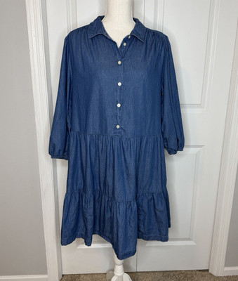 GAP Blue Chambray Tiered Mini Shirt Dress Large Cotton Pockets Cottage Casual