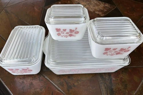 Vintage Pink Gooseberry Pyrex Refrigerator Dish Set with Lids 501 (2), 502, 503