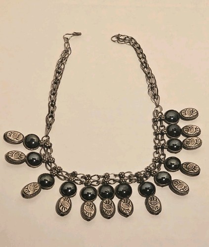 Vintage Middle East Bedouin Ethnic Tribal Silver Tone Necklace Eye Design