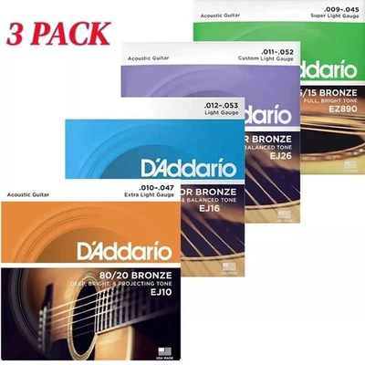 3pack D'Addario EJ Phosphor Bronze Acoustic Guitar Strings - EJ10 EJ16 EJ26