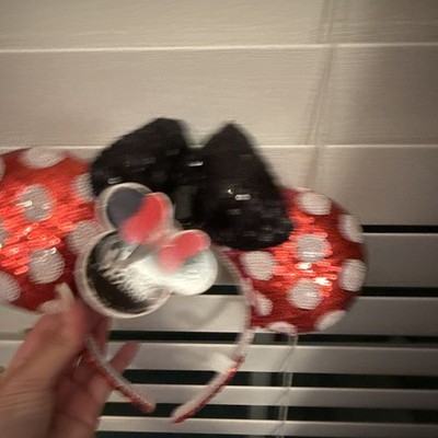 Minnie Mouse Polka Dot Headband Red/White Ears with Black Bow Glitter Accents