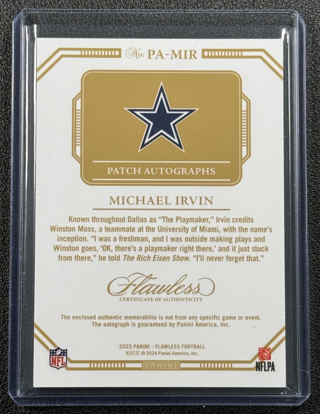 MICHAEL IRVIN 2023 PANINI FLAWLESS #PA-MIR JERSEY PATCH AUTO HOLO 16/25 COWBOYS view 2