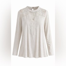 Ivory Lace Yoke Semi-Sheer Blouse  Long Sleeve  Boho Romantic  Large
