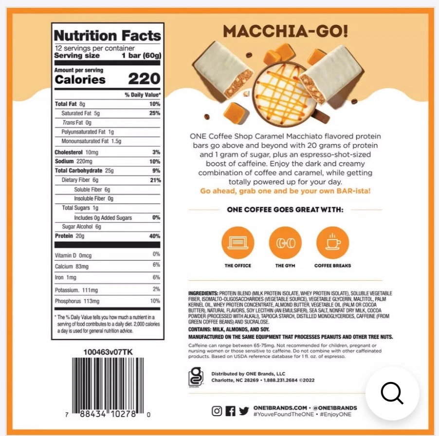 ONE Bar Cafetería, Sabor Caramelo Macchiato, Paquete de 12 Proteínas Foto 3 de 4