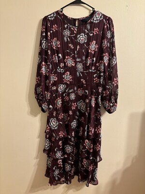 RACHEL Rachel Roy Dress Size 6 Burgundy Floral Chiffon Tiered Midi Long  Sleeved | eBay