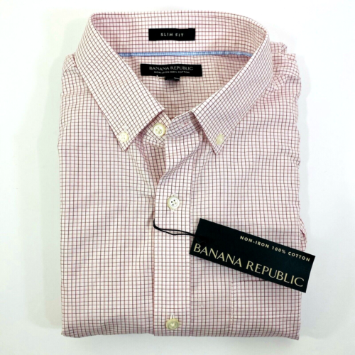 Banana Republic Mens M Tall Red Pink White Check Plaid Slim Fit Non Iron NEW - Picture 1 of 14