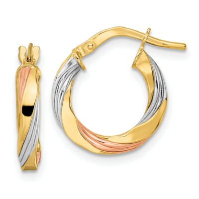 Real 14kt W/Rose & White Rhodium Polished Twisted Hoop Earrings