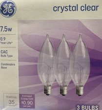 3 GE 7.5W Clear Flame Tip CAC-Type Light Bulbs w/Candelabra Base