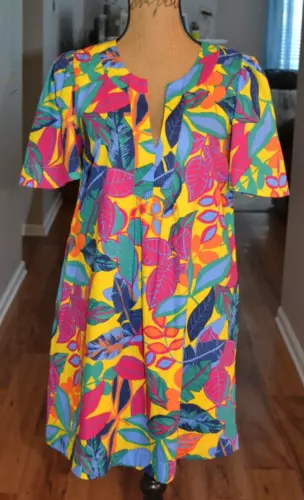 Gibson Look Vibrant Colorful Puff Sleeve V-neck Shift Dress, sz S