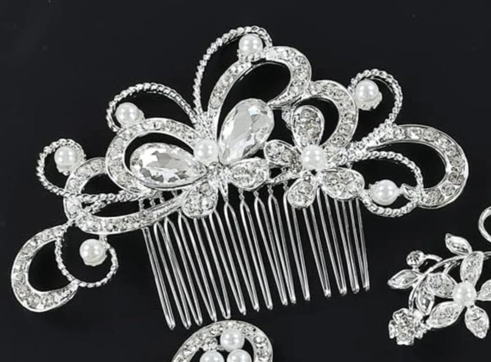 Bridal Wedding Party Prom Comb Butterfly Silver Faux Pearl Hair Clip - Image 4 of 4