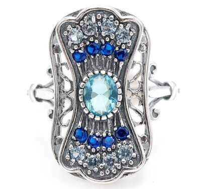 Natural Aquamarine & Sapphire 925 Sterling Silver Filigree Ring Jewelry Sz 6 XA2