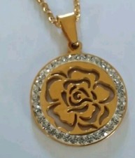Gold Plated CZ Stone Rose Flower Pendant Necklace 18"