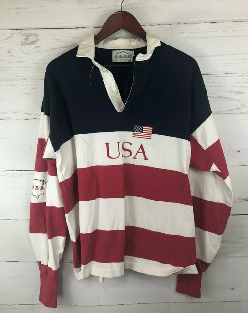 VTG Columbiaknit Striped Rugby Shirt Size XL Red White Blue Flag